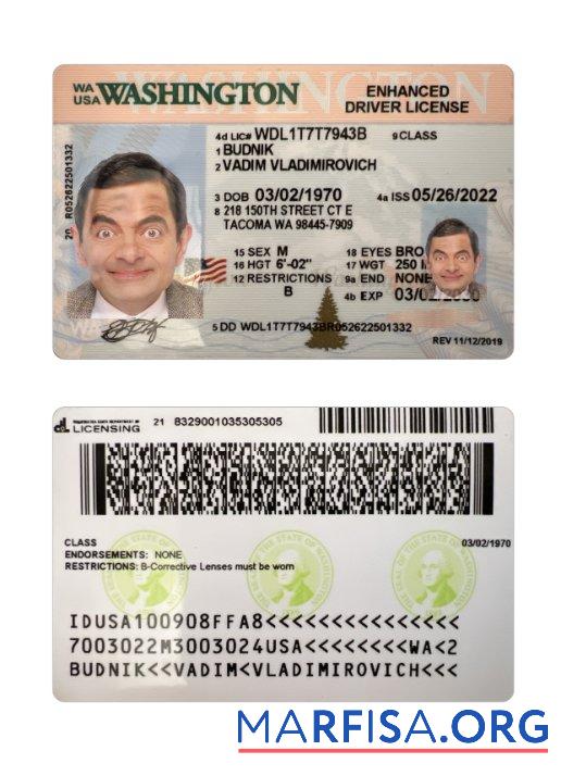 Blank USA Washington driving license 2022 present template